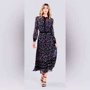 Club Monaco Black Floral Midi Dress with Pink & Blue Accents